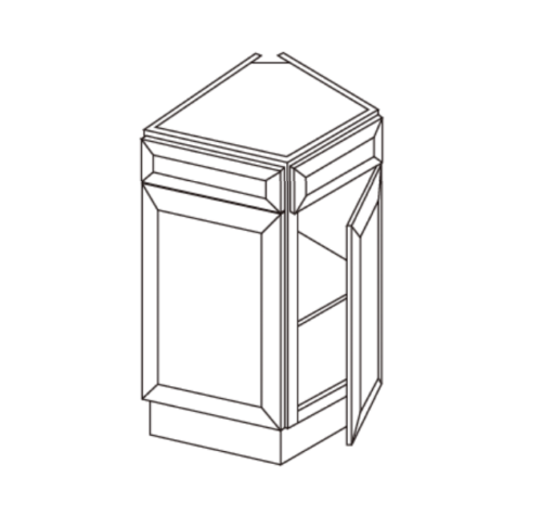 Isometric drawing of a corner kitchen cabinet with shelves and doors.